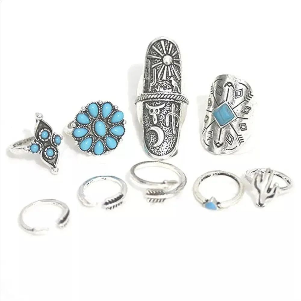 9pcs Boho Women ring set desert southwestern NEW silver tone